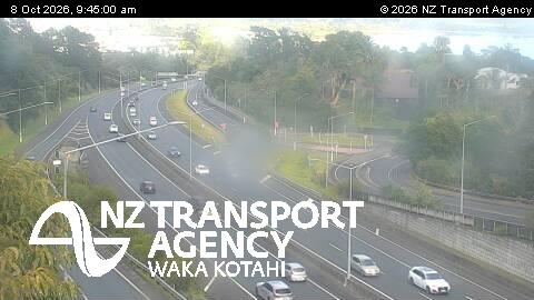 The road at SH18 Tauhinu Rd Overbridge, live