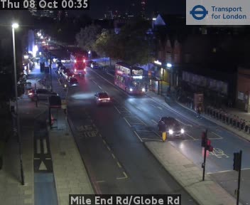 The road at Mile End Rd/Globe Rd, live