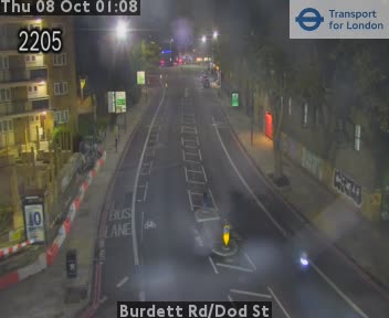 The road at Burdett Rd/Dod St, live