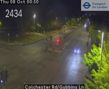 The road at Colchester Rd/Gubbins Ln, live