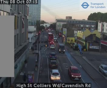 The road at High St Colliers Wd/Cavendish Rd, live
