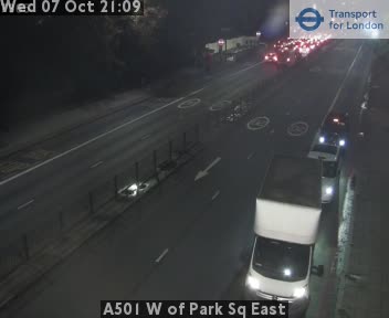 The road at A501 W of Park Sq East, live